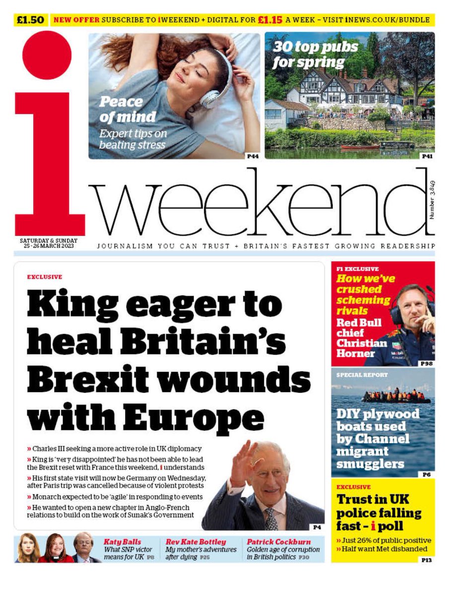 Here is Saturday’s front page from the: #i #TomorrowsPapersToday King eager to heal Britain’s Brexit wound ps with Europe