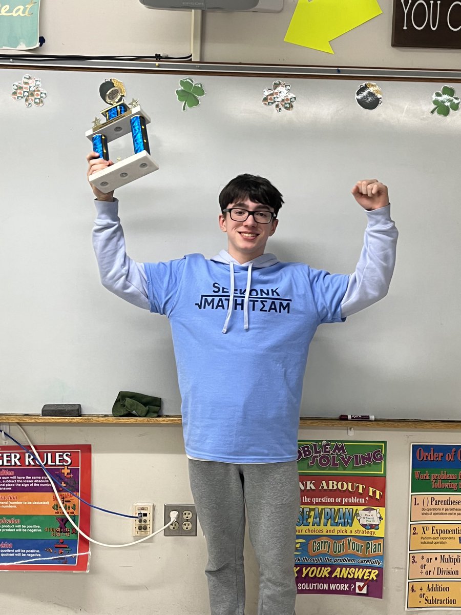 MrsCostaMath's tweet photo. So proud of my Math Team kiddos! 3rd place at the meet and 8th grader Logan received the only perfect score. Way to go, Mathletes! https://t.co/jv2Jf7mlmR