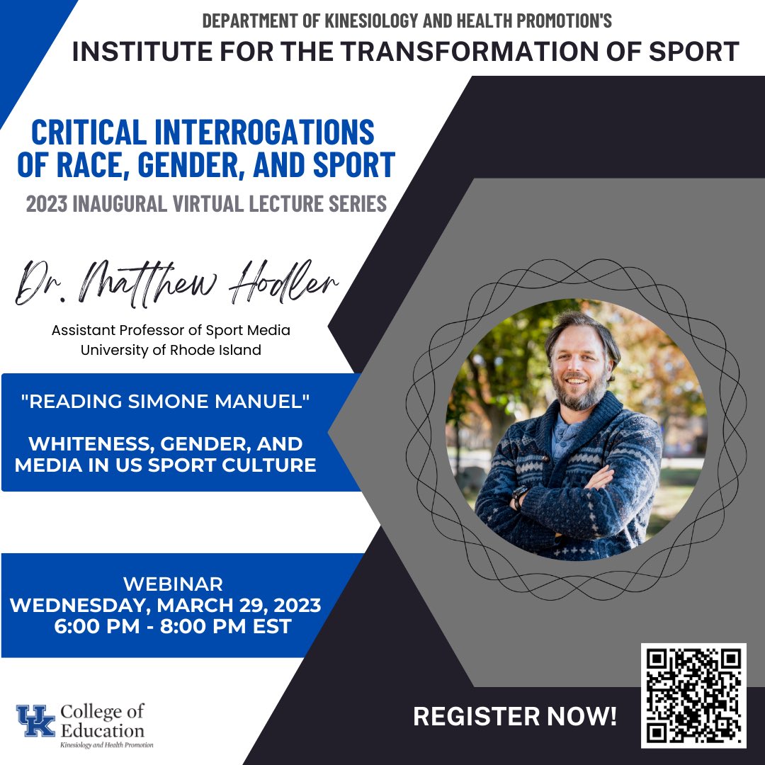 The Institute for the Transformation of Sport will host Drs. Mary McDonald and Matthew Hodler <a href="/MHodler/">Mr HODLer</a> for a webinar on Whiteness, Gender, and Media in US Sport Culture!  It’s going to be a good one so REGISTER NOW! education.uky.edu/khp/transform- #nasss #emergingsportstudies