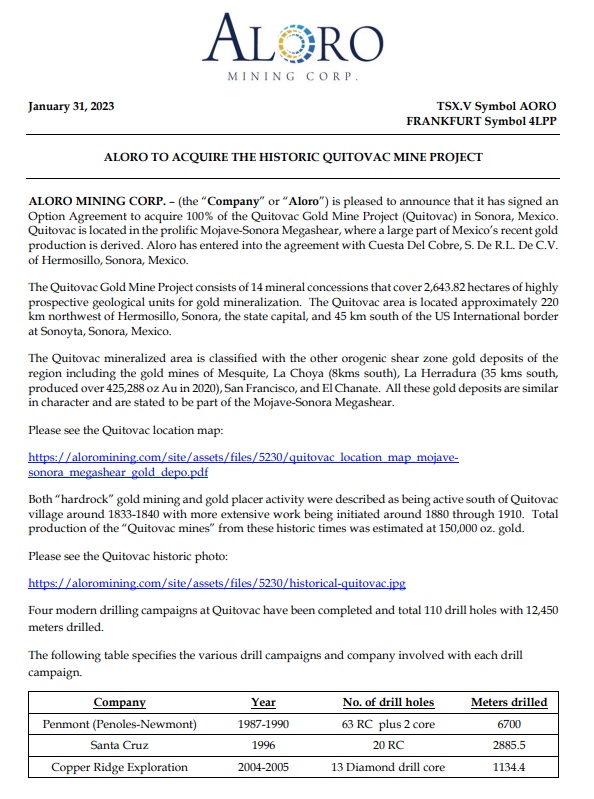 AloroMining's tweet photo. ALORO TO ACQUIRE THE HISTORIC QUITOVAC MINE PROJECT 

#Quitovac #Mexico #Gold #GoldExploration #TSXV #Mining https://t.co/PH6gFE7egN