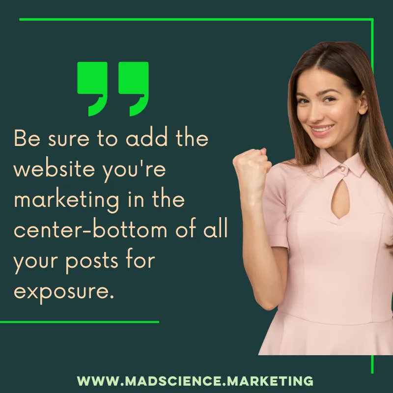 MadScienceInc's tweet photo. Be sure to add the website you're marketing in the center-bottom of all your posts for exposure. https://t.co/cFAR6bOXho

#MarketingCompany #SocialMedia #InternetSales #NonProfit #SmallBusiness #BusinessHelp #DigitalMediaMarketing #MediaMarketing #DigitalMarketing #Marketing https://t.co/l0QP1SoWKr