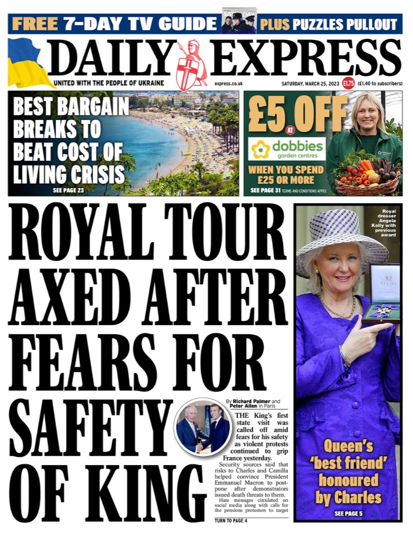 The Press Room From TSC News (@channel_tsc) on Twitter photo 2023-03-24 22:19:26 Here is Saturday’s front page from the: #DailyExpress #TomorrowsPapersToday Royal tour axed after fears of safety of King Here is Saturday’s front page from the: #DailyExpress #TomorrowsPapersToday Royal tour axed after fears of safety of King