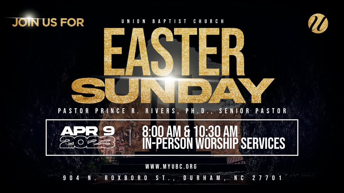 UBCDurham's tweet photo. We look forward to celebrating the resurrection of Christ as a church in just a few weeks. Please review the times and dates for our Holy Week services.

On Easter Sunday, April 9, 2023, we will have two in-person worship services at 8:00 AM and 10:30 AM.
#HolyWeek #EasterSunday https://t.co/Avz6cMLwaw