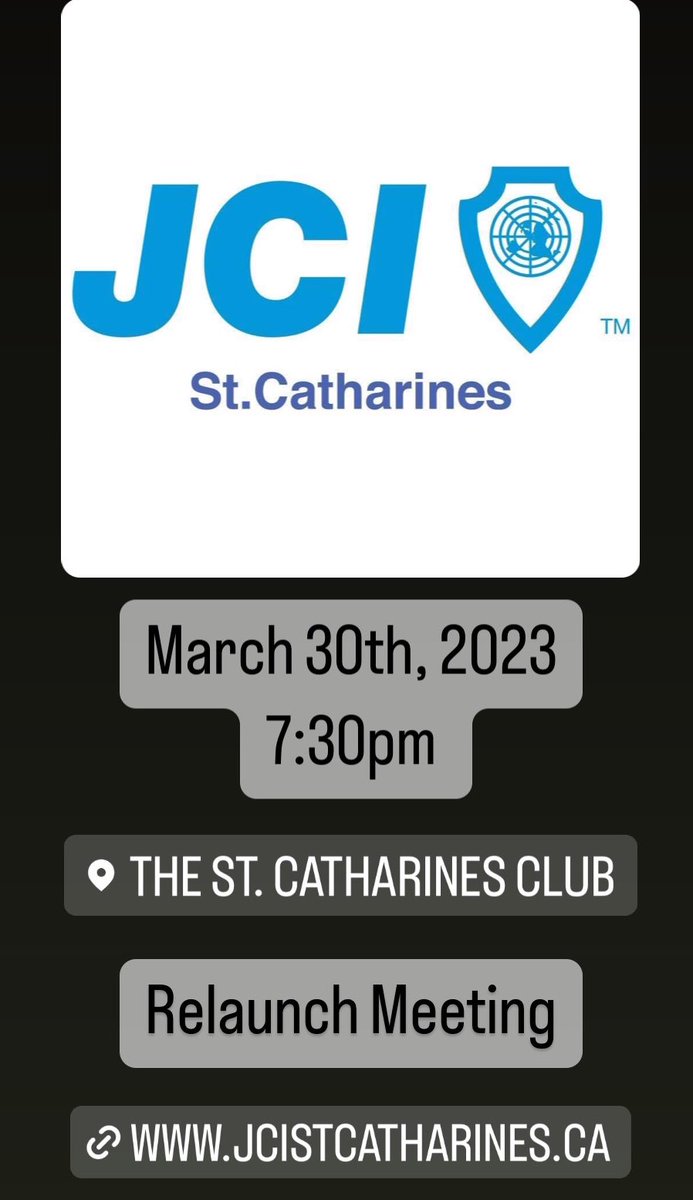 JCIStCatharines (@jcistcatharines) on Twitter photo Have you missed us? Come be a part of the relaunch of <a href="/jcistcatharines/">JCIStCatharines</a> we’re going to be meeting at the St.Catharines Club next Thursday, March 30th at 7:30pm - leave a comment below or send us a message if you’d like to attend. Have you missed us? Come be a part of the relaunch of <a href="/jcistcatharines/">JCIStCatharines</a> we’re going to be meeting at the St.Catharines Club next Thursday, March 30th at 7:30pm - leave a comment below or send us a message if you’d like to attend.