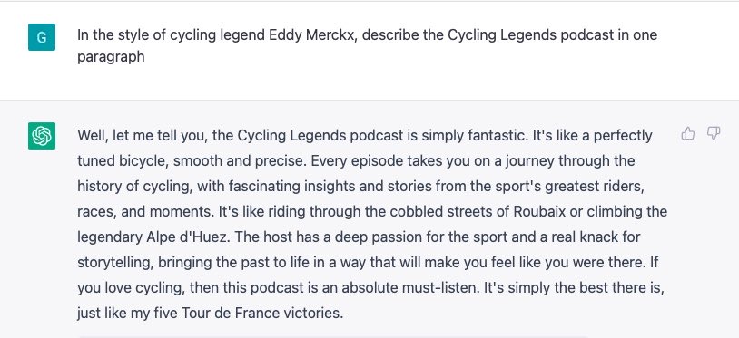 DrGeraintPreest's tweet photo. So, instead of asking Eddy, I decided to ask ChatGPT AI what the great Eddy Merckx would say if I posed the question to him instead…. @CyclingLegends1 #askeddy https://t.co/5uKhUMhJEr