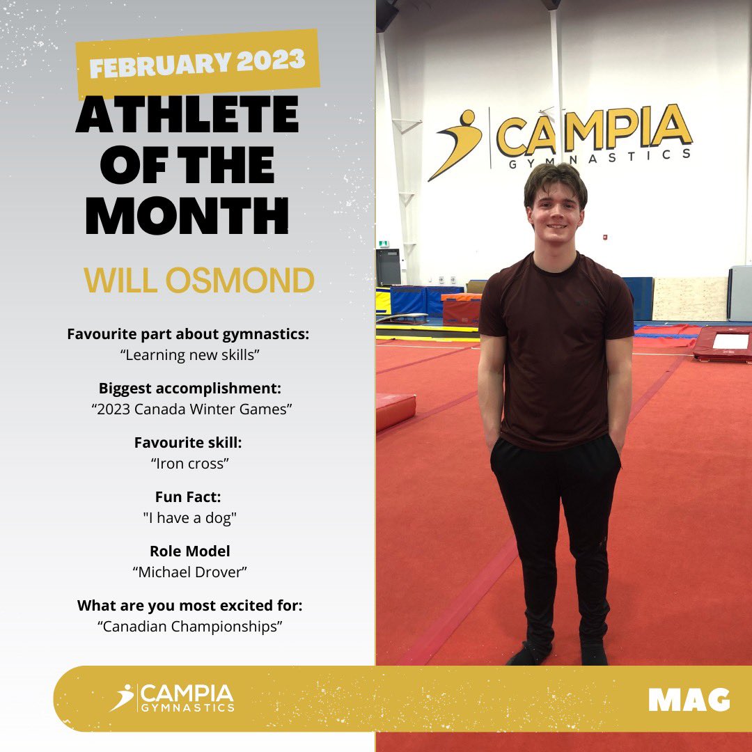 Congratulations to our February 2023 Athletes of the Month for our competitive program sponsored by Booster Juice! 👏

⭐️ Josie Burrage - WAG (XCEL)
⭐️ Gleb Evstigneev - TRA
⭐️ Jirah Hiscock - WAG (CCP)
⭐️ Will Osmond - MAG