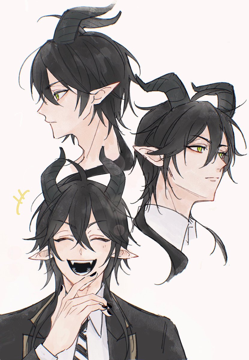 horns 1boy male focus pointy ears black hair closed eyes multiple views  illustration images