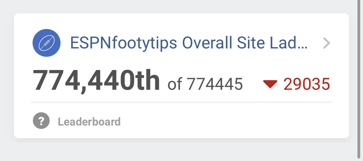 LeighMino27's tweet photo. Hi @FootyTips 

Can we get a fact check on what the lowest ever score is in the history of ESPN footy tips? 

I’m currently 0 from 11 games. Looking forward to maybe edging my name in history. 

P.S - I’m genuinely trying to tip the winner. 

@superfooty @AFL #tipping #footytips https://t.co/RhS3TALZYo