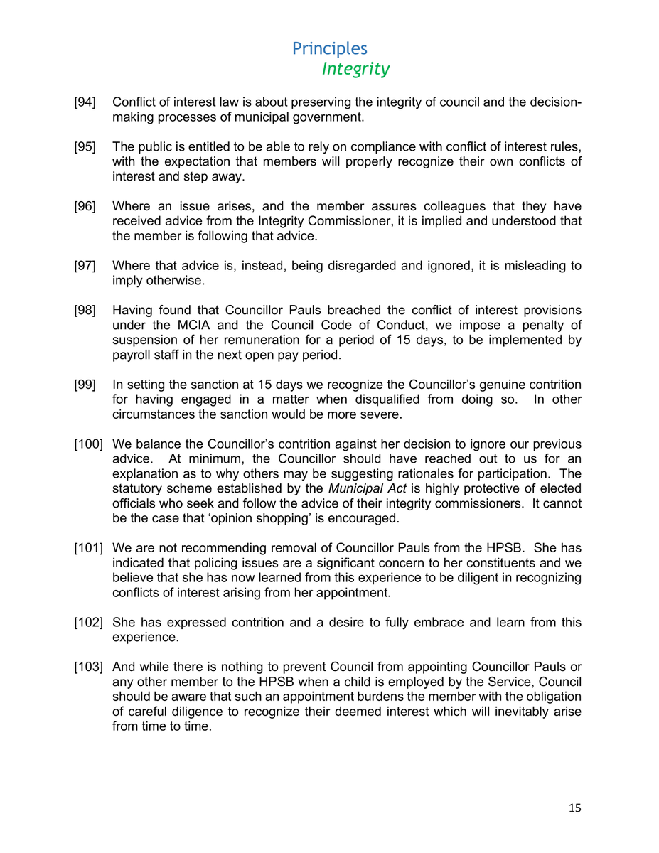 The results of the complaint I filed with the <a href="/cityofhamilton/">City of Hamilton</a>'s Integrity Commissioners are in - police board members cannot, in fact, vote on the police budget if they have immediate family on the force. I've been saying it for years. Glad to have it in black and white. #HamOnt