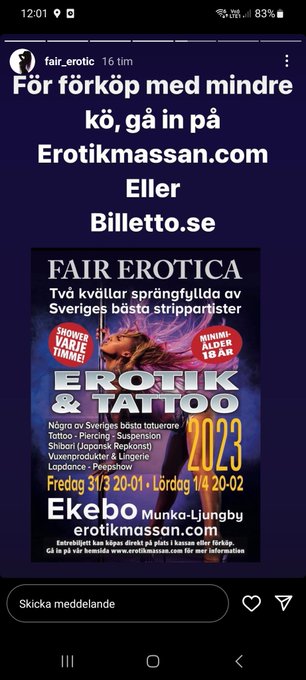 Kom till ekebo erotikm&auml;ssa.   Jag kommer vara d&auml;r.  Jag kommer ha en stor monter. S&auml;g hej o snacka skit<a href="/tag/porn"class="tags"><span>#porn</span></a><a href="/tag/babe"class="tags"><span>#babe</span></a><a href="/tag/onlyfans"class="tags"><span>#onlyfans</span></a>