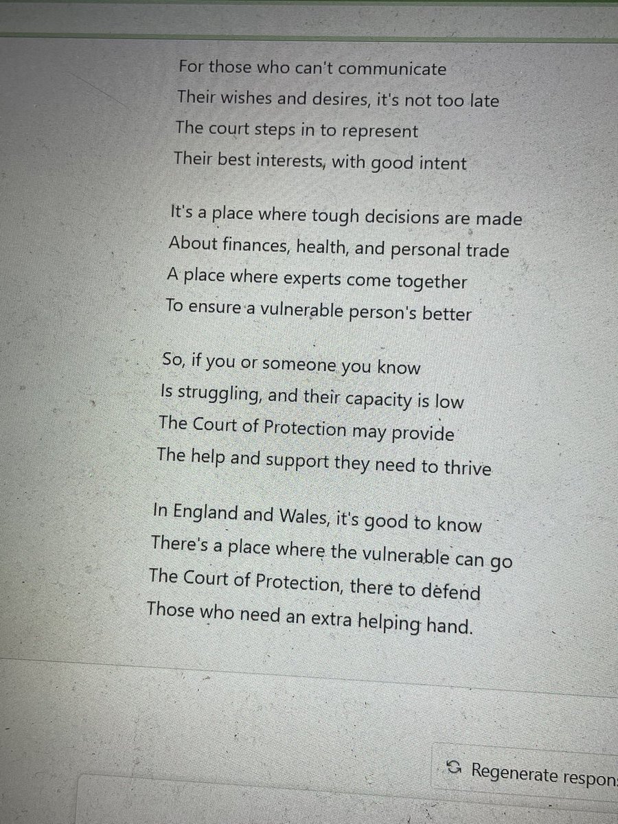 Wild Friday night - playing on #chatgpt and it is actually incredible. We asked it to describe the #CourtofProtection through a poem and this was the response (within half a second) #artificialintellegence #poem