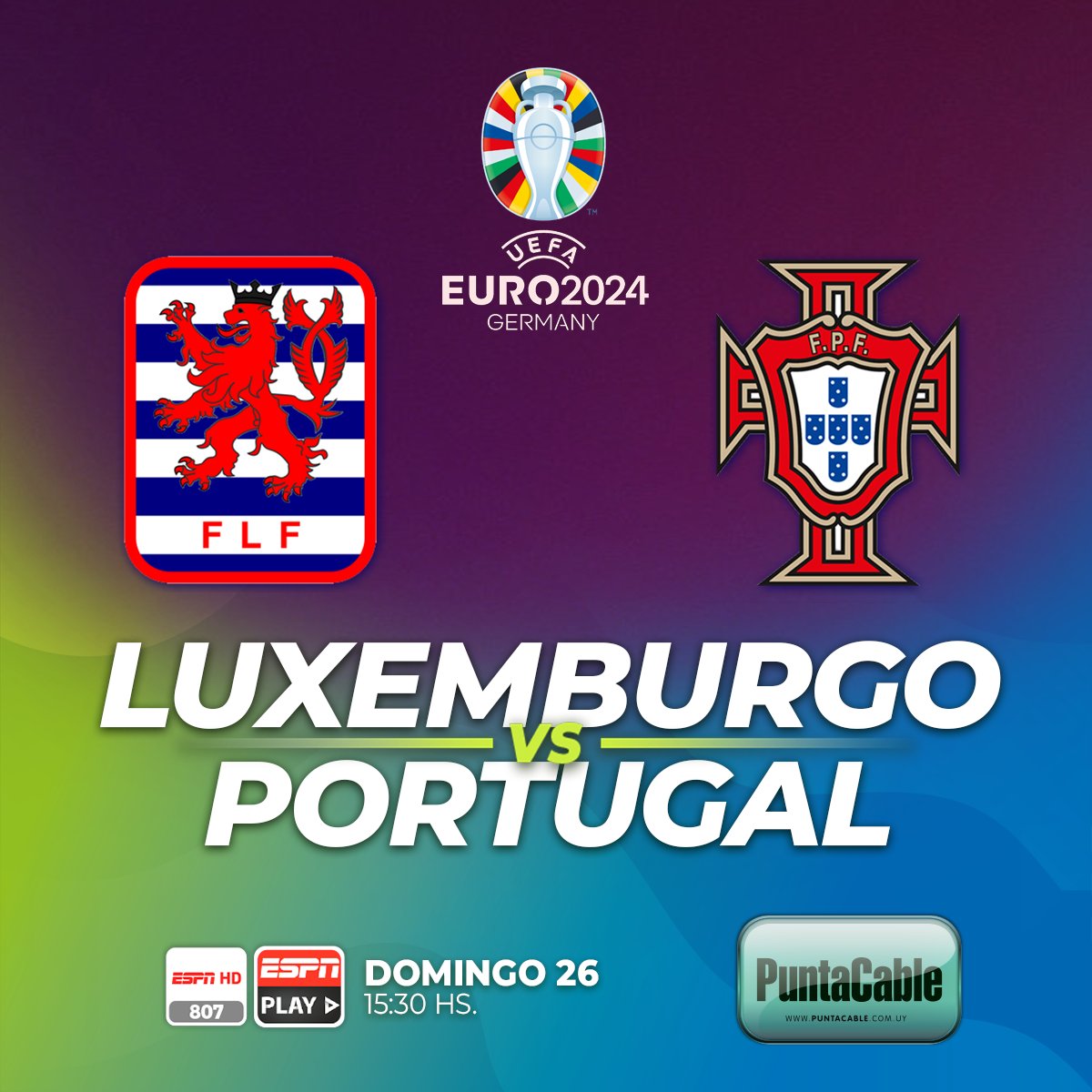 puntacable's tweet photo. ⚽Hoy Domingo 26, a las 15:30 hs. Por el encuentro correspondiente a la segunda jornada de la fase de clasificación para la Eurocopa 2024, se enfrentan:
LUXEMBURGO VS. PORTUGAL
El encuentro se disputará en el Stade de Luxembourg
Lo disfrutamos por #PuntaCable a través de #ESPN https://t.co/Bh30QJ4gda