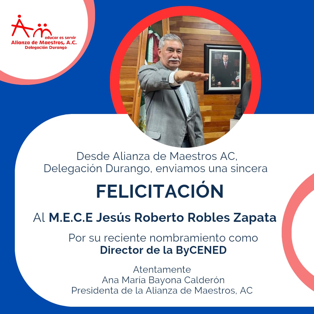 ALMADgoOficial's tweet photo. En Alianza de maestros Durango nos congratulamos por el nombramiento como Director de la Bycened Benemérita y Centenaria Escuela Normal del Estado de Durango del Dr. Roberto Robles Zapata.

¡Enhorabuena!

#EducarEsServir
#TodosSomosByCENED https://t.co/fky1b5OHnn