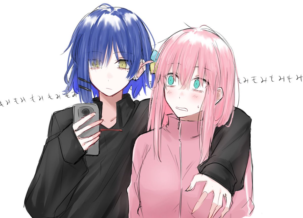 gotou hitori multiple girls 2girls track jacket pink hair blue hair phone jacket  illustration images