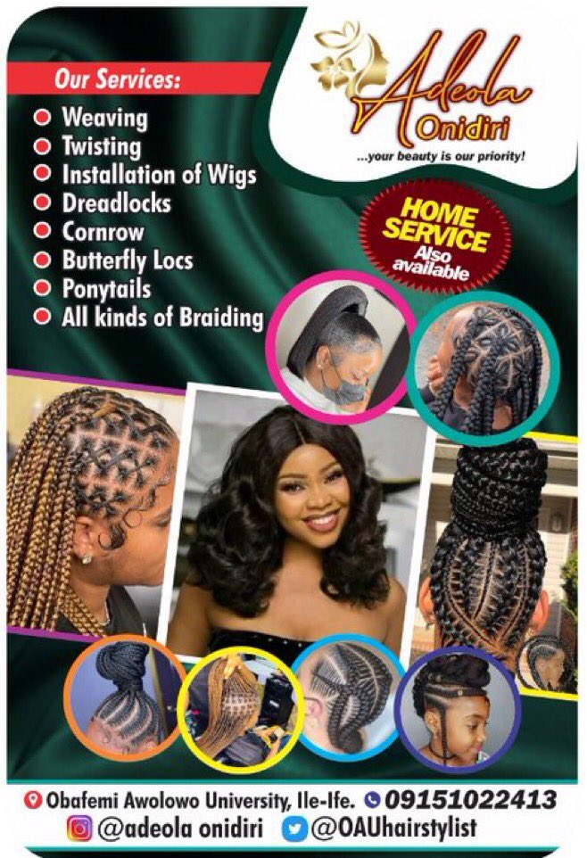 OAUhairstylist's tweet image. *" Itβs not just a hairstyle, itβs you and itβs just beautifulβ* π₯°
ADEOLA ONIDIRI πββοΈ is a hair fashion brand focused on bringing out your inner beauty π by styling your hair to its very best .
Weβre now available π‘ in Ife and itβs environ.
For more enquiry and booking π