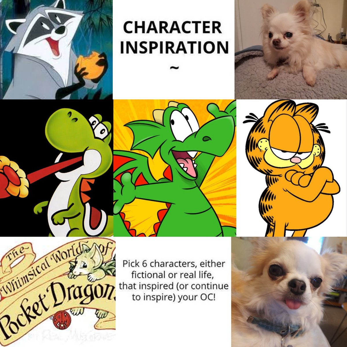 ZookieCartoons's tweet photo. Six characters that inspired Zookie the Dragon, including my beloved chihuahuas Wilma and Pippin who have been a constant source of comic strip inspiration! Yoshi 's inclusion shouldn't come as a surprise 😊

#characterinspiration #zookie #dragon https://t.co/yiLw4gtbbz