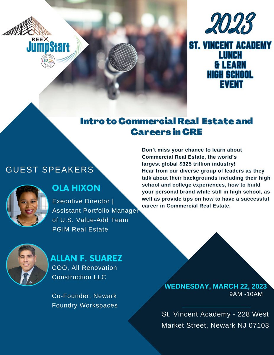 allansuarez's tweet image. Honored to be a guest speaker @stvincentnj Intro to Commercial RE and Careers in CRE with Ola Hixon of @pgim RE.  We also touched upon REEC's REEX Jumpstart summer program, 2-week experience for sophomore /junior HS students. Apply REEX Jumpstart 2023 reexprograms.org