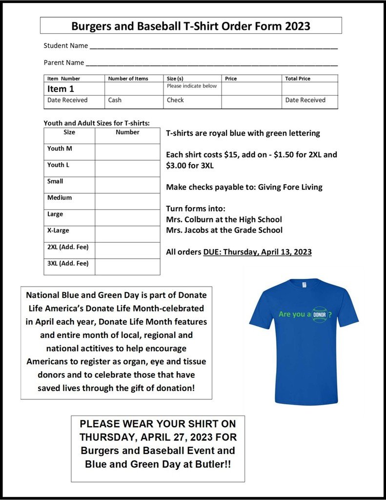Interact &amp;  Giving Fore Living are hosting  Blue &amp; Green Day game at the ballpark on Thurs, April 27, at 4:30 PM. We will be serving cheeseburgers, chips and a cookie for $10. We will also be selling t-shirts; the order form is attached. The order form is due Thurs, April 13.