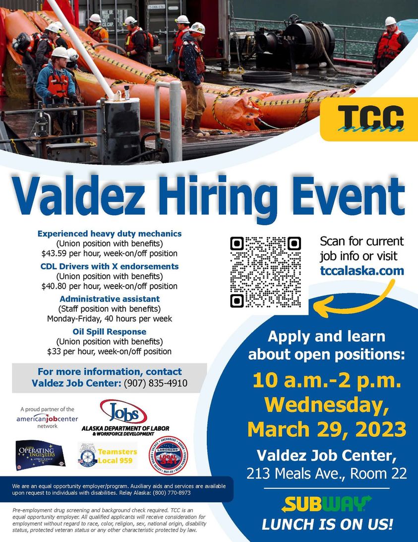 Our Business Rep. Matt McCarty will be at this event to answer any questions you may have about TCC jobs that are represented by Local 959. #Alaska #TeamstersLocal959 #TCC #UnionJob #UnionStrong #Valdez #OilSpillResponse #CDL #Driver #Mechanics