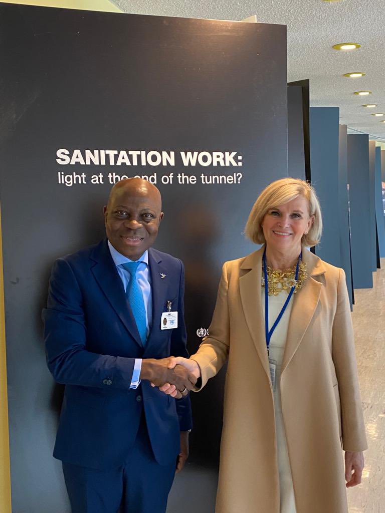 DrMariaNeira's tweet photo. Sanitation workers are often invisible,  even if they provide invaluable services. Provoking exhibit to reflect about their safety, health and dignity. A pleasure to open it with  @GilbertFHoungbo @ilo and the @WHO WASH team. #UNWaterConference2023 https://t.co/xY6mGTrnBA