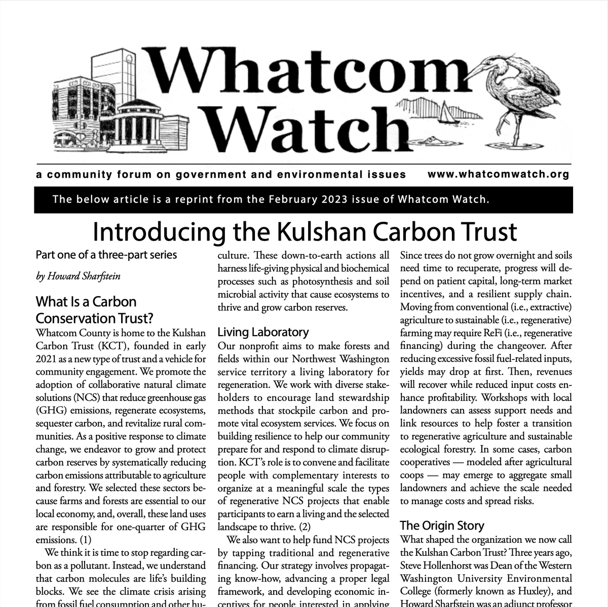 ICYMI: Read our article from the February issue of Whatcom Watch entitled, "Introducing the Kulshan Carbon Trust", written by our co-founder and President Howard Sharfstein.

whatcomwatch.org/index.php/arti…