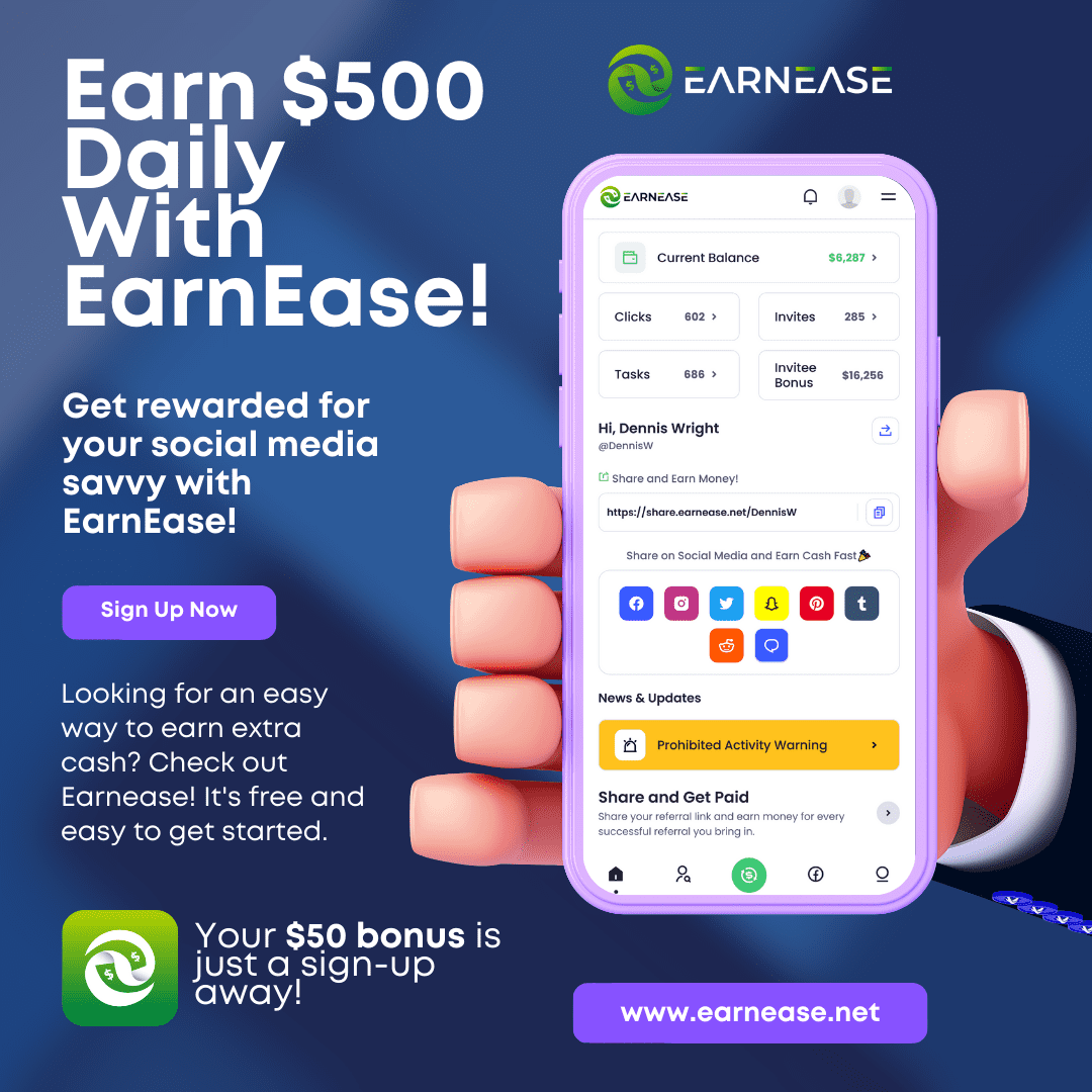 blegh_synsetive's tweet photo. Maximize your earnings with ease using EarnEase! Make $500 daily without stress. With EarnEase, you can be your own boss and earn as much as you want💰 💸Sign up now and get $50 just for joining 🔥 https://t.co/EdOzrfTyRN
#earnease #moneymaking #success #goals https://t.co/mlE0v7ngog
