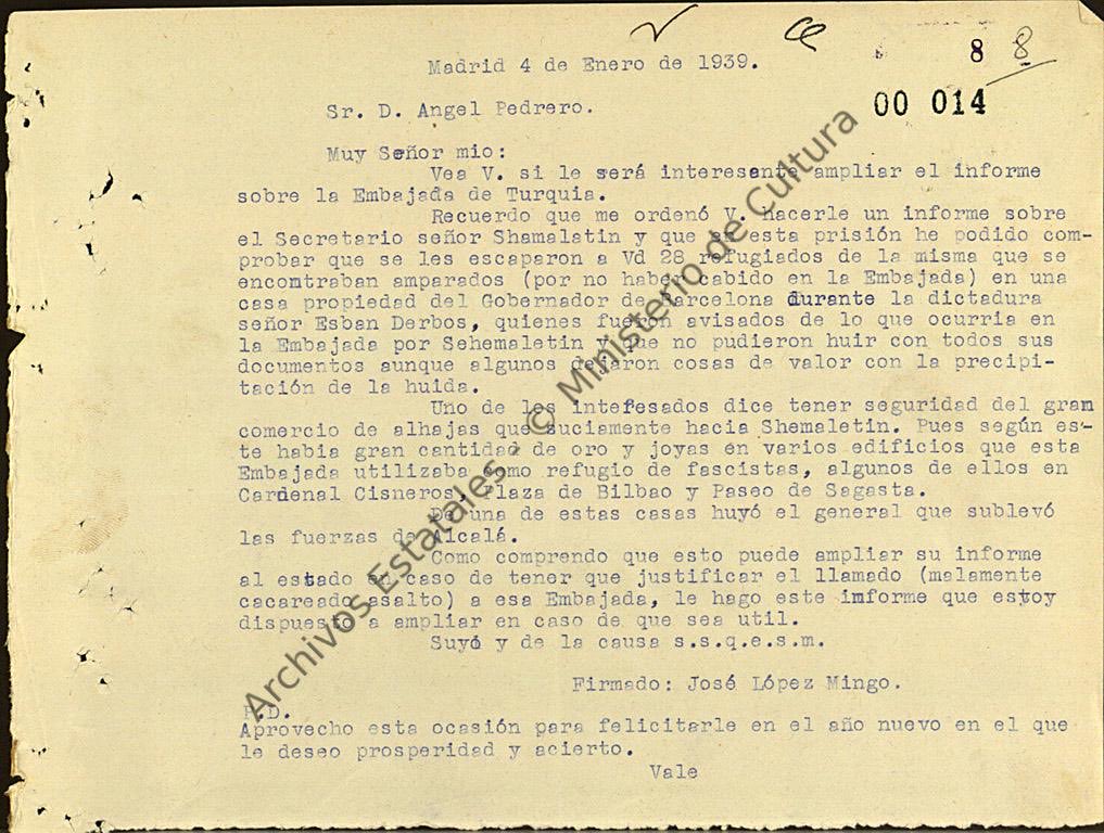 Estoy buscando el informe de José López Mingo sobre Cemalettin Mazhar Uzsoy. Tengo esta referencia de la Causa General - CG1527 Tomo 1 Exp. 1 Pág.14. ¿El informe puede estar en el AGA? ¿Alguien que me pueda ayudar? <a href="/ArchivosEst/">Archivos Estatales</a> <a href="/guerraenmadrid/">guerraenmadrid</a> <a href="/corralcpedro/">Pedro Corral</a> #GuerraCivilEspañola