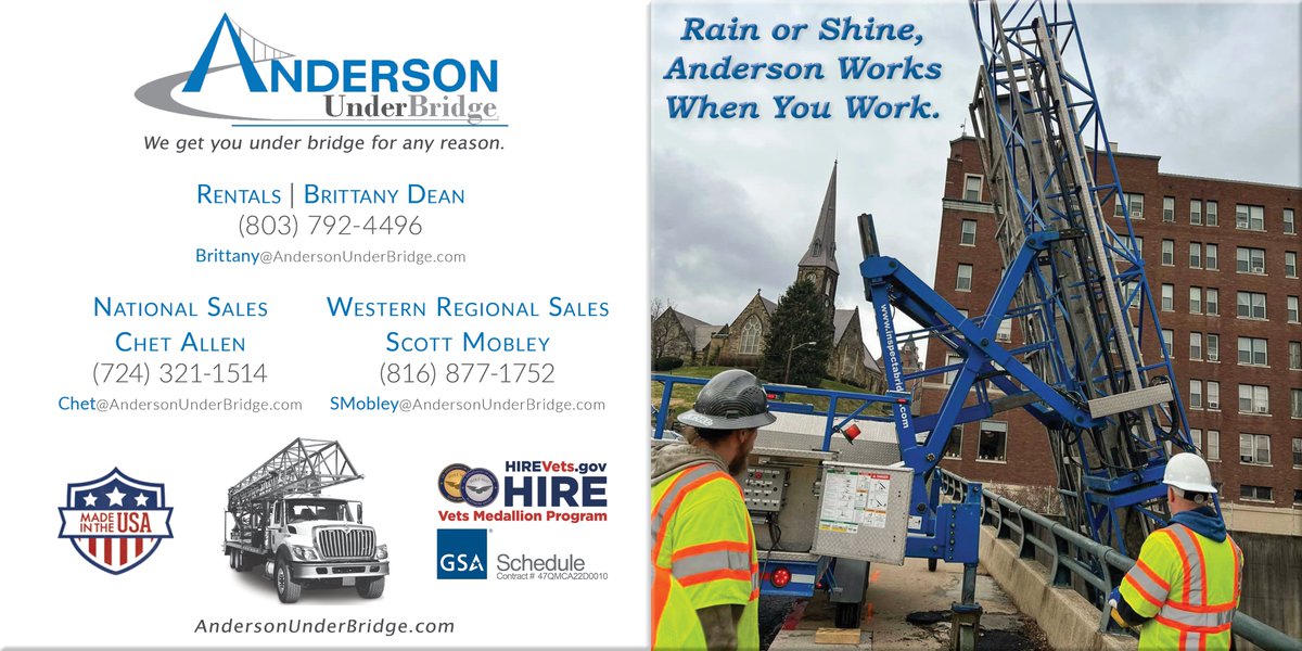 Anderson_UB's tweet photo. Rain or shine, if it's safe, #AndersonUnderBridge is on the job. We know you keep tight schedules &amp; budgets, so we deliver safe #UnderBridgeAccess on your calendar. Our #HydraPlatforms cut under-bridge labor hours by up to 50% to save you time &amp; money. #HP35 #BridgeInspection https://t.co/kB6bt3YLpl