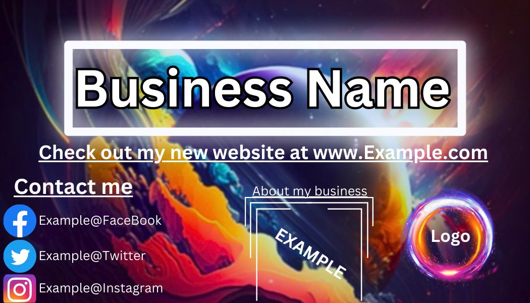 I created this Business card idea and i can easily turn it into a Social page banner.

Its been listed on my website where you can purchase our unique Graphic Designs for Business, gaming and personal profiles. Please consider Checking this link SimpleDesigns.Store 🙂🫡