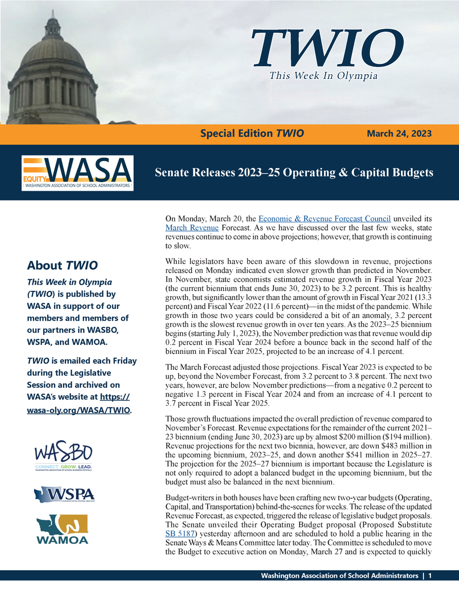 Want to know all about the Senate's latest Budget Release? Look no further than WASA's #TWIO! Read Dan Steele's comprehensive overview at wasa.informz.net/z/cjUucD9taT04…

#waleg #senate #budget2023