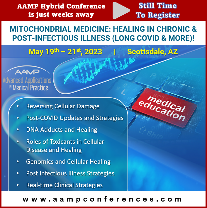 AampConferences's tweet photo. AAMP Spring 2023 #CME Hybrid conference,
May 19-21 in Scottsdale.
Mitochondrial Medicine: Healing In Chronic &amp; Post Infectious Illness, incl Long Covid.
18 hours CMEs incl Pharma &amp; Ethics
Register: https://t.co/FEEzAvob4D
#DNArepair, #chronicdisease, #genomics, #cellularhealth https://t.co/COtu8RA4PQ