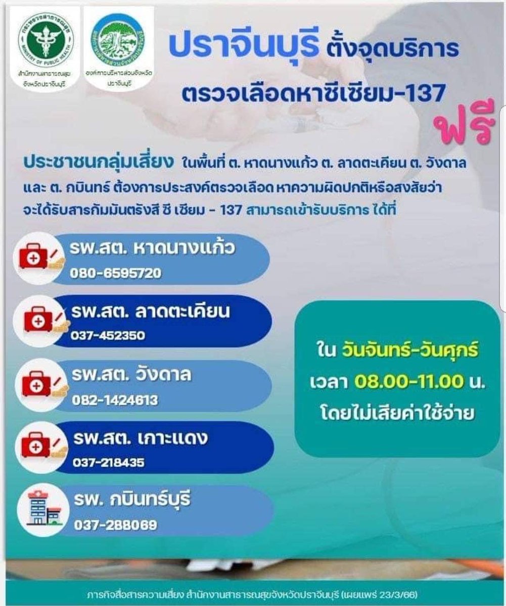 PMOC10's tweet photo. จังหวัดปราจีนบุรีจัดหน่วยตรวจเลือดหา ซีเซียม-137 สำหรับกลุ่มเสี่ยงในพื้นที่

ที่มา : สำนักงานสาธารณสุขจังหวัดปราจีนบุรี

#ซีเซียม137 #ไทยรู้สู้โควิด #ไทยรู้สู้โรคและภัยสุขภาพ https://t.co/K20jlHLdas