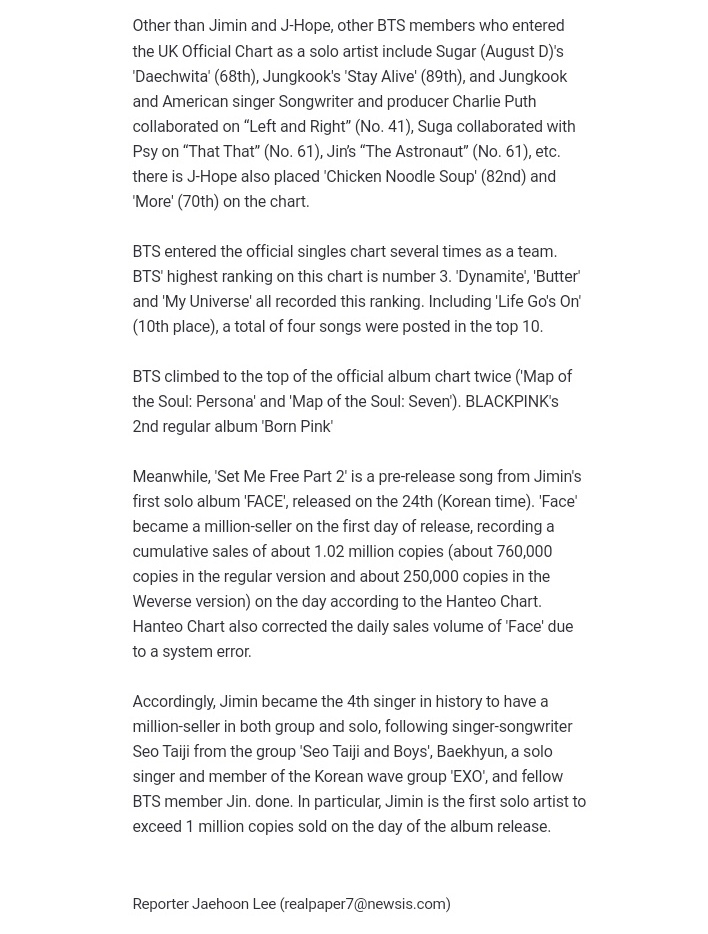 Lovly_mochitwin's tweet photo. "According to the official chart..#Jimin's '#SetMeFree_P2',entered the 30th place on the UK's Official Chart Singles Top 100 chart this week..'Face' became a million-seller on the first day of release, recording a cumulative sales of about 1.02m copies"
#지민 #BTS @BTS_twt https://t.co/uScDj11HxR