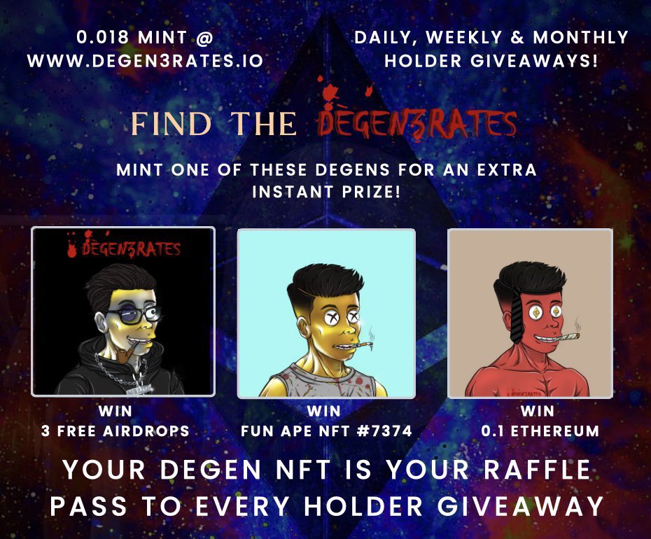 🚨🚨Giveaway Time🚨🚨

We are giving away
🚨Undisclosed amount of ETH 👀
🚨 <a href="/FunApes_NFT/">Fun Apes</a> 
🚨 3 degen Airdrops worth 0.054

Your degen NFT is your unlimited raffle pass! 

Oh yea and for a FREE DEGEN NFT⏬

💬 3 frens
♻️ RT
Follow @DEGEN3RATES 

#NFTGiveaway #nftminting