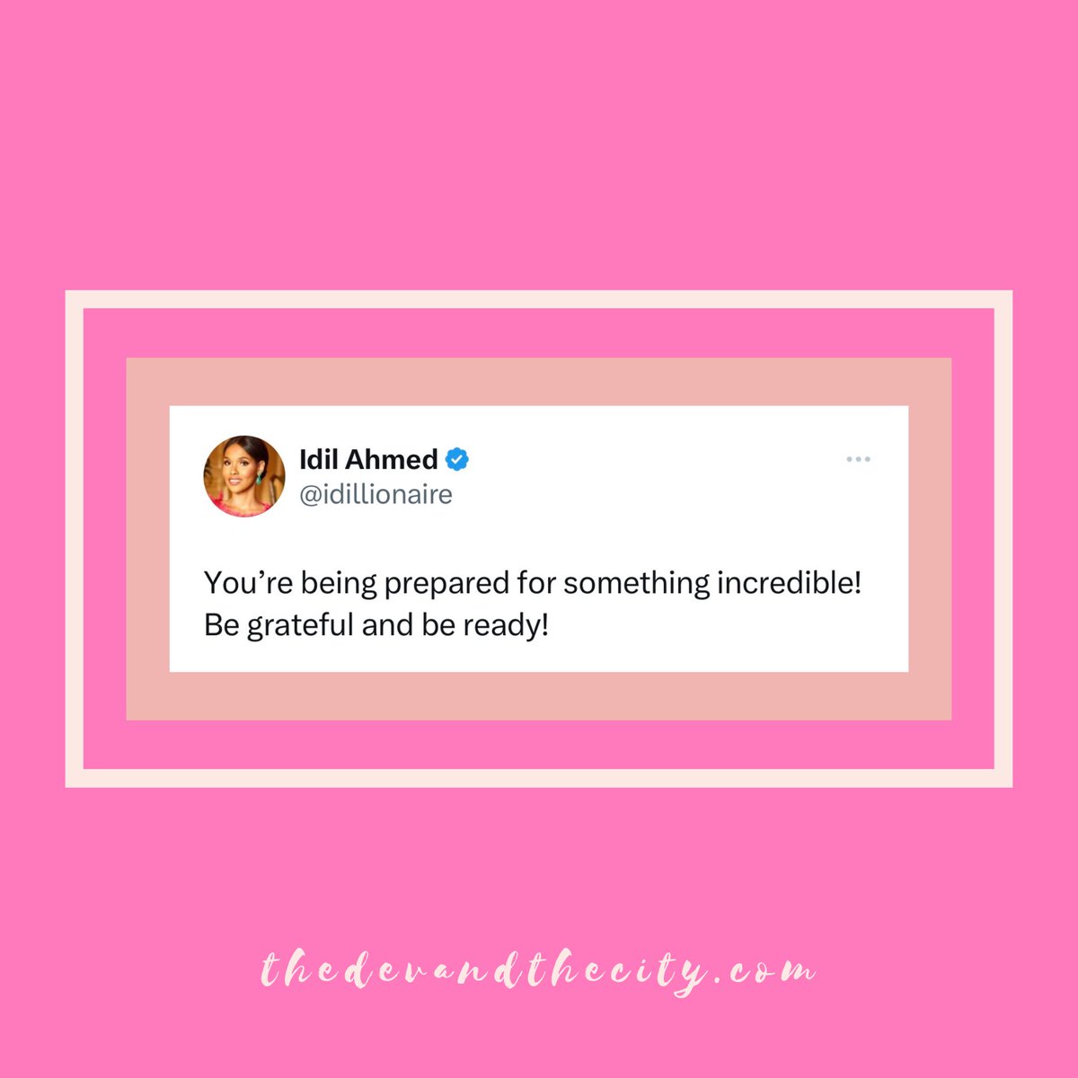 thedatcmedia's tweet photo. Incredible things are finding their way to you. Remain grateful and be ready.✨

Thank you for this beautiful reminder and affirmation @idillionaire 💖 https://t.co/AQERKdzgm1