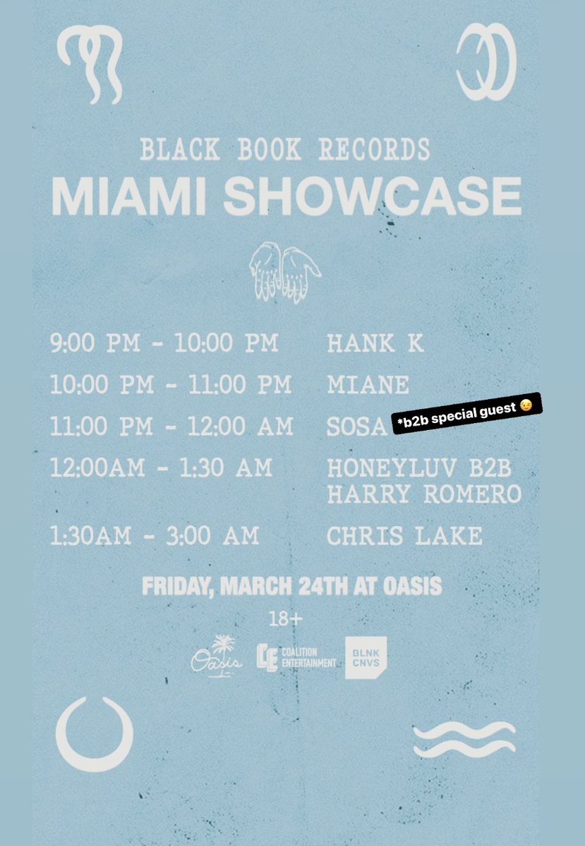 BLNK CNVS Presents (@blnkcnvspres) on Twitter photo MIAMI! We got another mental surprise for you! We are bringing a very special guest to go b2b with <a href="/sosamusicuk/">SOSA</a> tonight for <a href="/blackbookrecs/">Black Book Records</a> w/ <a href="/chrislake/">Chris Lake</a>
Tickets: tixr.com/e/62115 MIAMI! We got another mental surprise for you! We are bringing a very special guest to go b2b with <a href="/sosamusicuk/">SOSA</a> tonight for <a href="/blackbookrecs/">Black Book Records</a> w/ <a href="/chrislake/">Chris Lake</a>
Tickets: tixr.com/e/62115