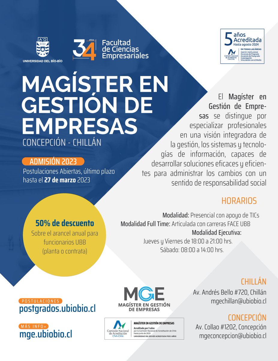 radioubbchile's tweet photo. Postulación Abierta - Magíster en Gestión de Empresas https://t.co/UKp9Qr0TRO