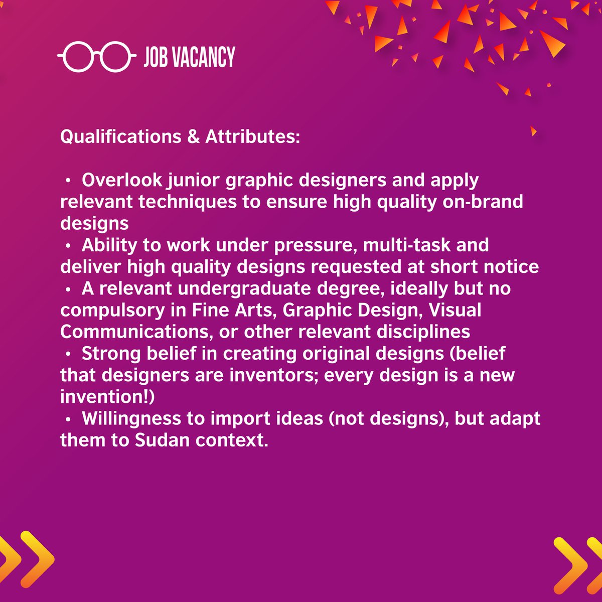 MarketingbyAMD's tweet photo. #WeAreHiring!
#JoinUs!

#SeniorGraphicDesigner. Senior #GraphicDesigner. 

#SudanJobs. #JobsinSudan. #Sudan. #TeamSudan. #Marketing. #Creative. #Advertising. #Strategy. #DigitalMarketing. https://t.co/SxCC4YybpO