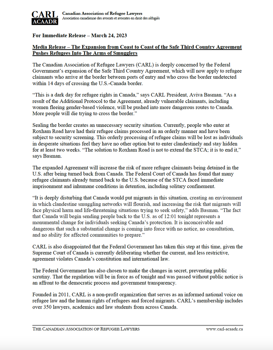 CARLadvocates's tweet photo. Media Release – The Canadian Association of Refugee Lawyers (CARL) is deeply concerned by the Federal Government’s expansion of the Safe Third Country Agreement. https://t.co/bYD1mq11Cu