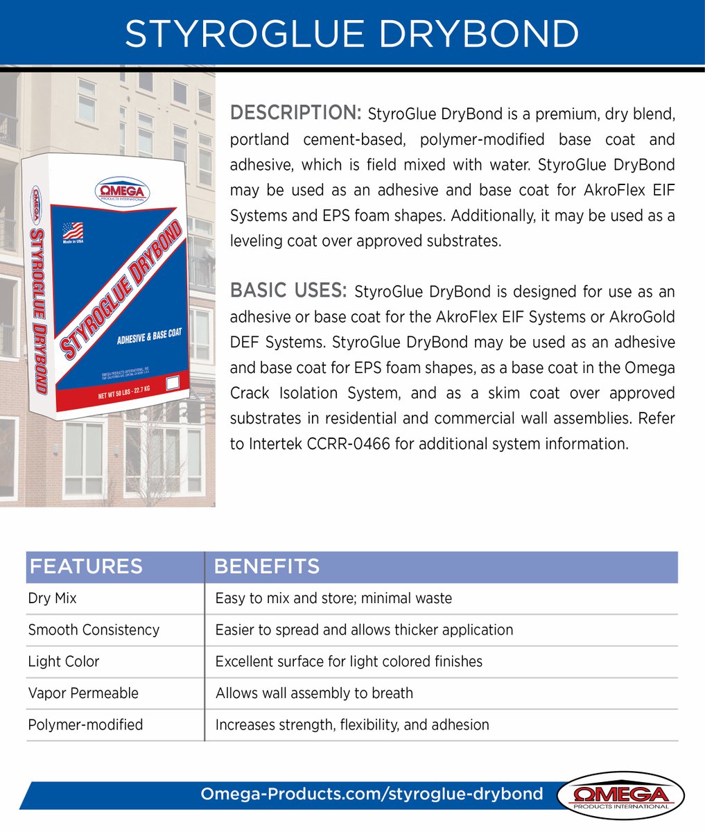 StyroGlue DryBond may be used as an adhesive and base coat for AkroFlex EIF Systems and EPS foam shapes.

#omega #styroglue #EIFS #stucco #cement #adhesive #drybond #building #buildingmaterials #eps #foamshapes #americanmade