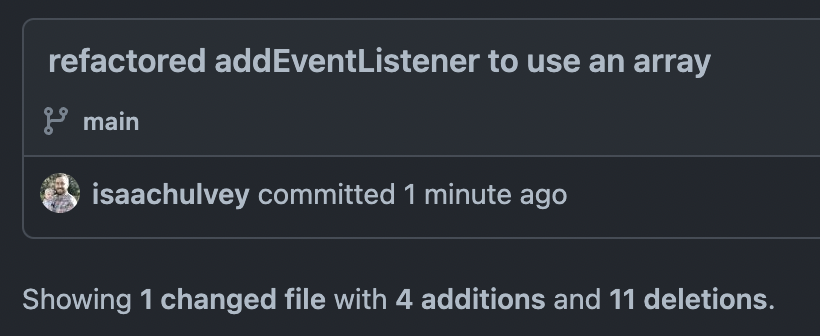 isaachulvey's tweet photo. The best kind of changes to push. #100Devs https://t.co/3I9nlVC4LR
