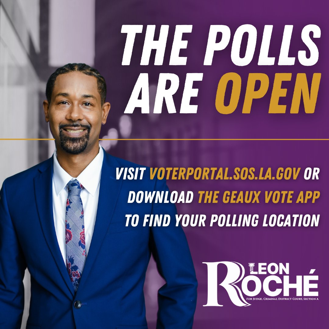 LeonRoche4Judge's tweet photo. The polls are OPEN! 🗳️💥

Visit https://t.co/8ssdlaRVF0 or download the #GeauxVote app to find your polling location and view a sample ballot. 

Polls close at 8 PM - Get out and vote #RocheForSectionA! https://t.co/pYucAUEfnk