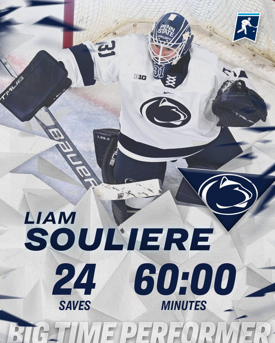 NCAAIceHockey's tweet photo. 🦁 BIG TIME PERFORMER 🦁

Leading @PennStateMHKY to 𝐓𝐇𝐄 𝐁𝐈𝐆𝐆𝐄𝐒𝐓 𝐒𝐇𝐔𝐓𝐎𝐔𝐓 𝐈𝐍 𝐍𝐂𝐀𝐀 𝐓𝐎𝐔𝐑𝐍𝐀𝐌𝐄𝐍𝐓 𝐇𝐈𝐒𝐓𝐎𝐑𝐘 is Liam Souliere, who posted 24 saves in the Nittany Lions 8-0 win over Michigan Tech today. 

#NCAAHockey https://t.co/ulWDD1ytwd