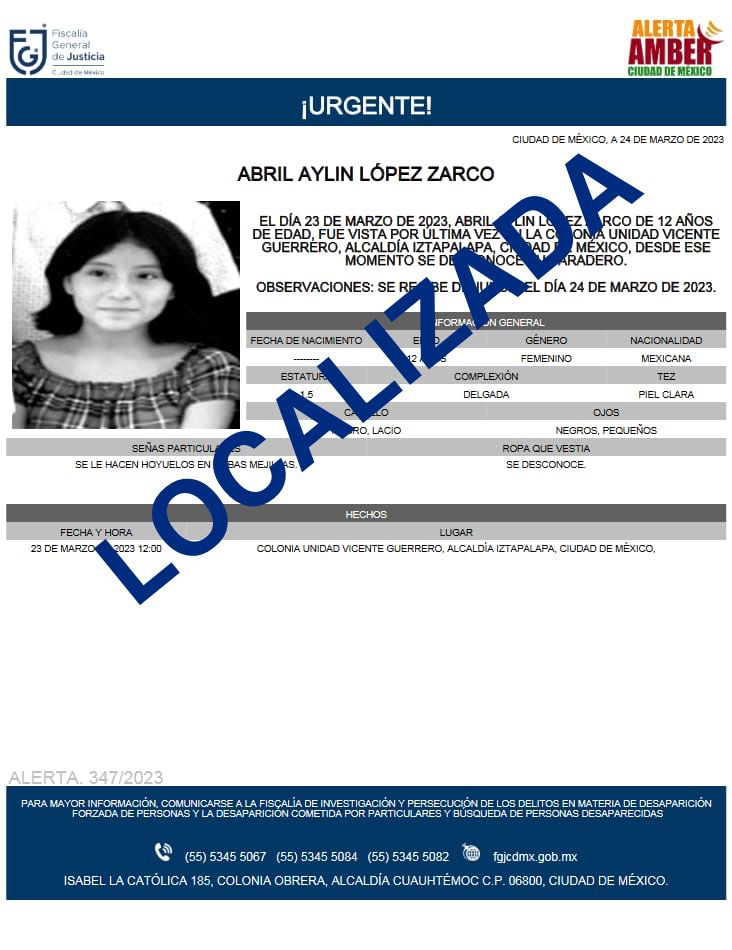 FiscaliaCDMX's tweet photo. Localizamos, sana y salva, en la colonia Agrícola Oriental, alcaldía Iztacalco, a la adolescente Abril Aylin, quien se ausentó el día de ayer en la colonia Vicente Guerrero, alcaldía Iztapalapa. A la brevedad será reintegrada a su núcleo familiar https://t.co/EUnQeU3BbN