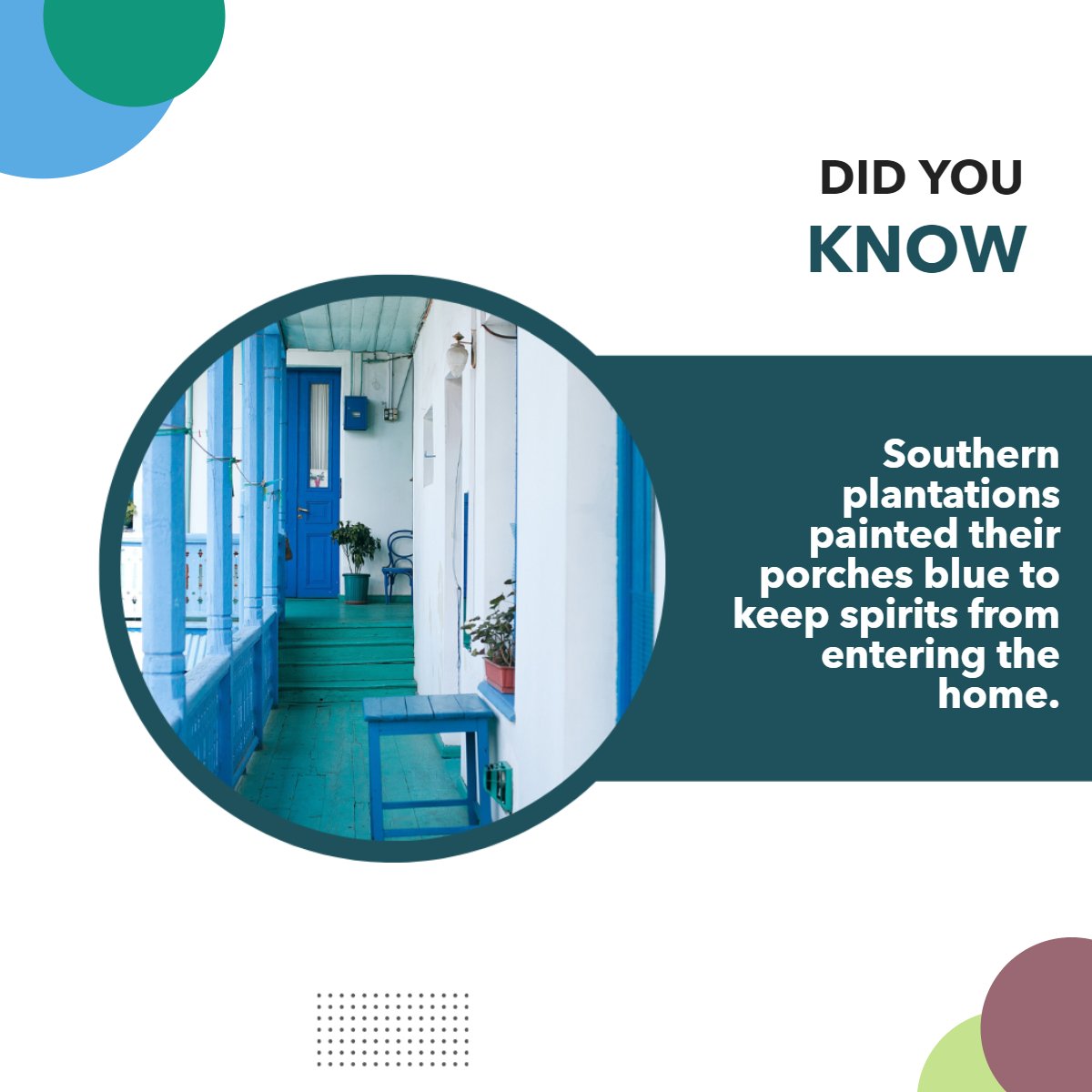 SampsonYeadogg's tweet photo. Did you know? 💡

Southern plantations painted their porches blue to keep spirits from entering the home.

#didyouknow    #didyouknowfact    #factoftheday https://t.co/gP4vSDgJdt