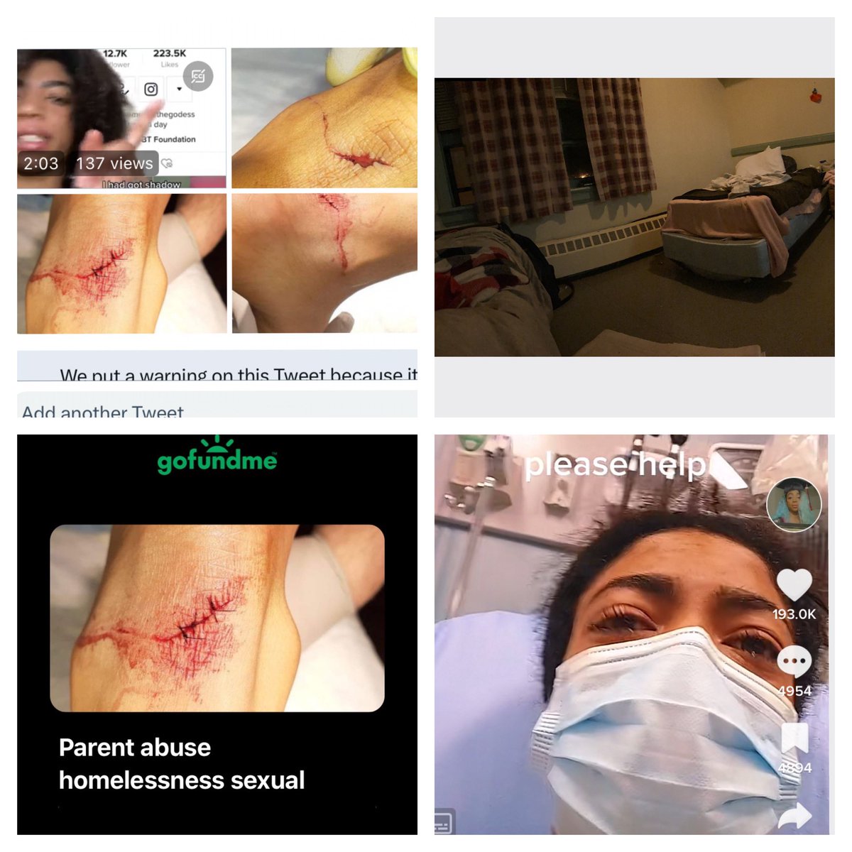 HowardShyona's tweet photo. Mother stabbed me and allowed my ex to rape me in the next room,I was getting raped and abused. She then stolen money after I became homeless. Becoming homeless I had been sexually assaulted but people I thought I could trust. ##gofundme #foryoupage Link: https://t.co/CMaUlaarea https://t.co/BdOmH9ldRa