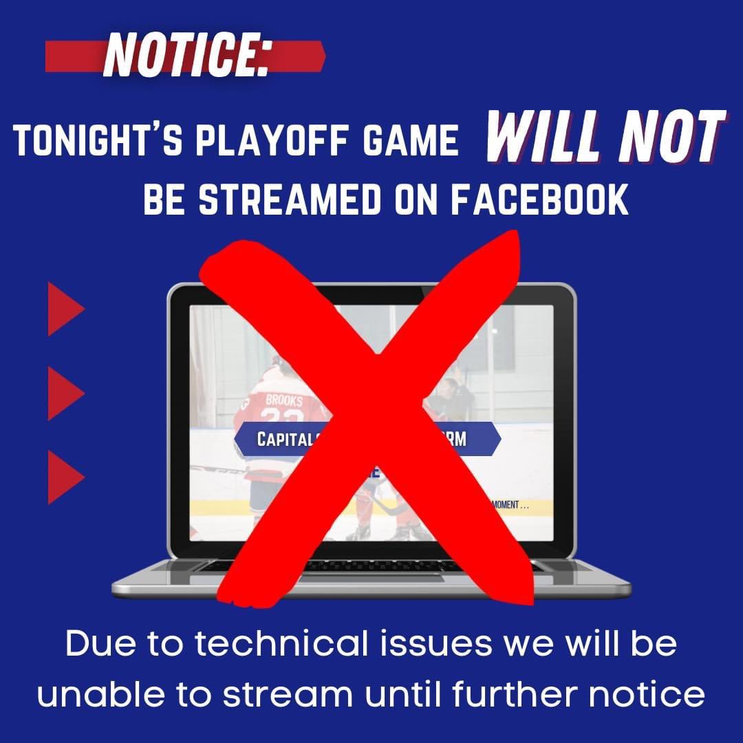 Reminder that tonight’s @PJHLSask game will not be broadcasted on #FacebookLive due to technical issues. 

To get updates on Twitter, you can follow @SaskHockeyDJ for score updates. #YQR #Regina #ReginaCapitals