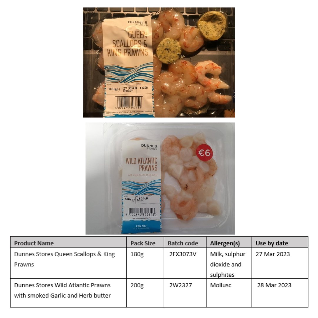 #AllergenAlert Undeclared allergens in batches of Dunnes Stores Wild Atlantic Prawns and Dunnes Stores Queen Scallops and King Prawns. For details, please see: fsai.ie/details.aspx?i…