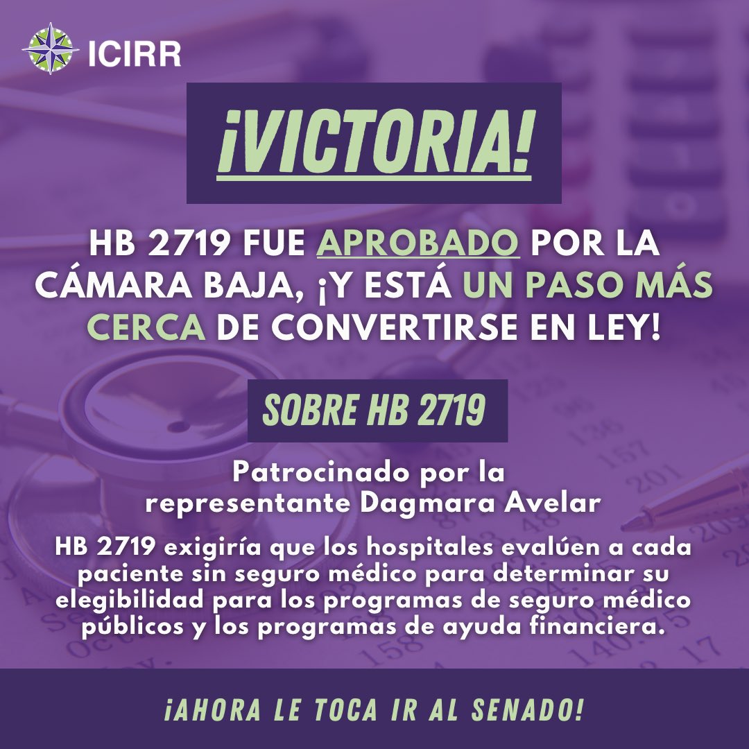 ¡Hoy, HB 2719 fue aprobado por la Cámara de Representantes! 🎉 Gracias a <a href="/repdagmara/">State Representative Dagmara Avelar</a> por su liderazgo en la Cámara Baja. 

¡Ahora le toca ir al Senado! Envíele un correo electrónico a su senador estatal HOY para que #EvitenLaDeudaMedica ⚕️- p2a.co/uLEEREp (2/2)