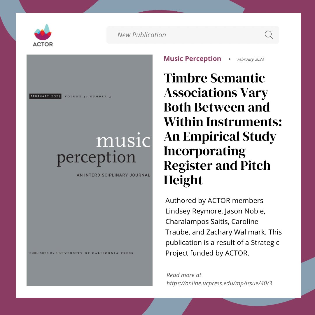 ACTOR Members Reymore, L., Noble, J., Saitis, C., Traube, C., &amp; Wallmark, Z, authored an article in volume 40 of Music Perception: An Interdisciplinary Journal. To read the article, see the link in bio! #ACTOR
